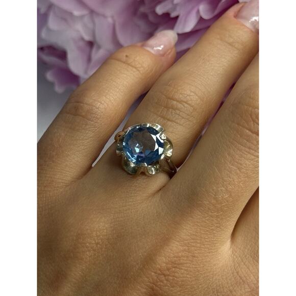 925 STERLING SILVER AQUAMARINE FLOWER RING SIZE 6 - Picture 1 of 8